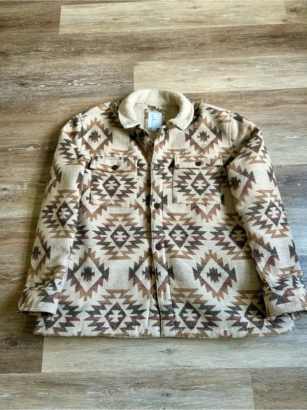 Men's Navajo-Pattern Sherpa Collar Shirt Jacket - Tan & Brown
